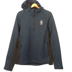 Spyder Mens Large Jacket Waffle Knit Fleece Inside 1/4 Zip Hooded Blue Black